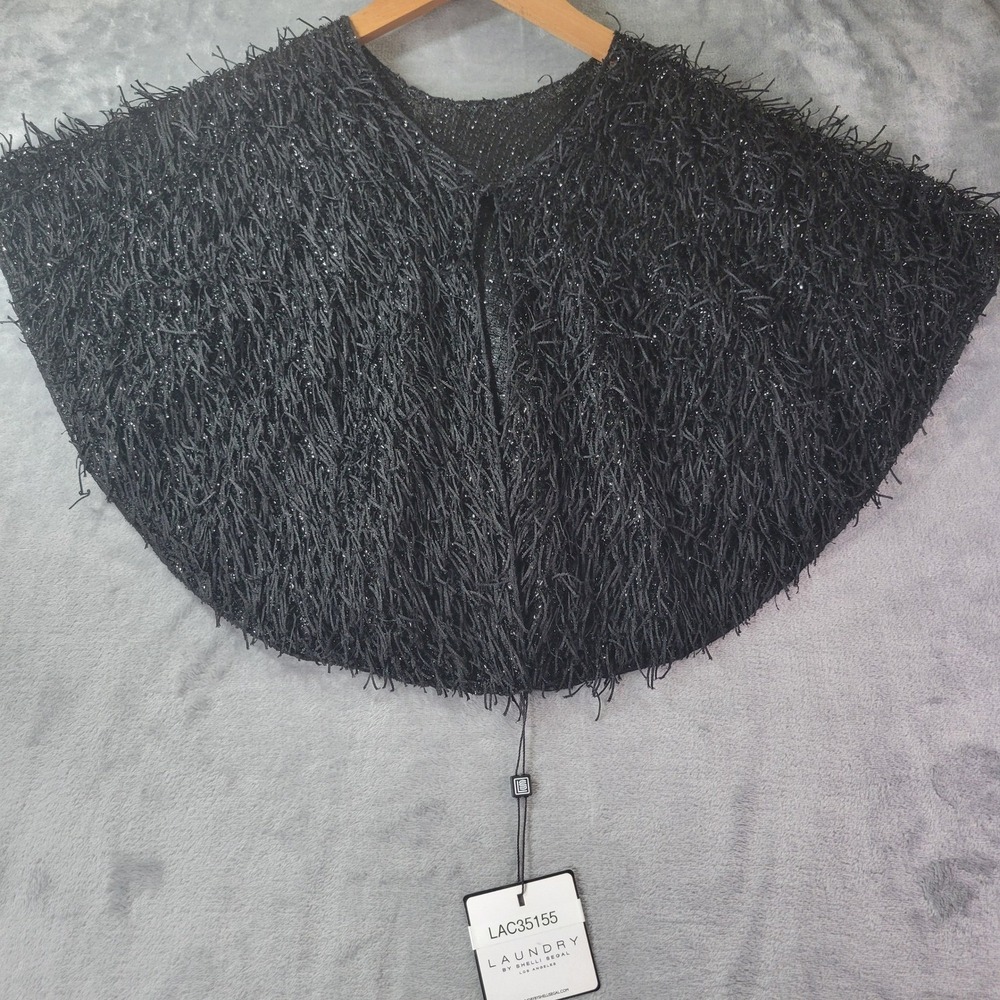 Laundry by Shelli Segal Black Eyelash Fringe Metallic Capelet Shrug Club NEW